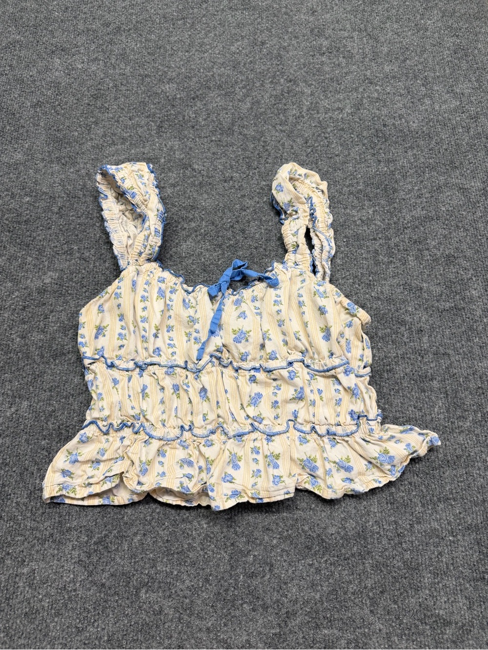 Sim & Sam Floral Smocked Ruffle Tank Top in Cream and Blue